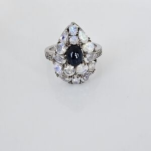 Natural Blue Star Sapphire & Moonstone Ring Platinum Sterling Silver Sz 8!
